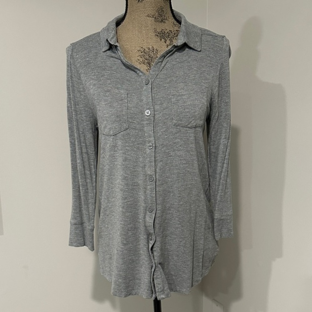 Merona jersey knit Gray collared Button-Up tunic Top with pockets Size Medium